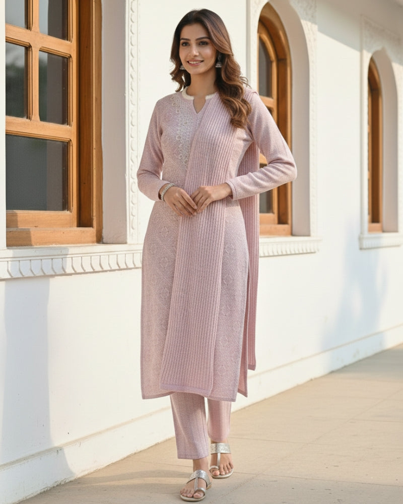 KRITI Women’s Woollen 3-Piece Embroidered Kurti Set with Bottom & Stole – Premium Winterwear | Soft Knitted Kurti, Bottom & Stole Suit Set Mauve Color | M-XXL Size