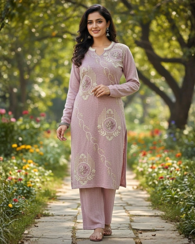 Woollen 3-Piece Embroidered Kurti Set- Mauve