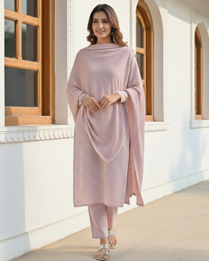 KRITI Women’s Woollen 3-Piece Embroidered Kurti Set with Bottom & Stole – Premium Winterwear | Soft Knitted Kurti, Bottom & Stole Suit Set Mauve Color | M-XXL Size