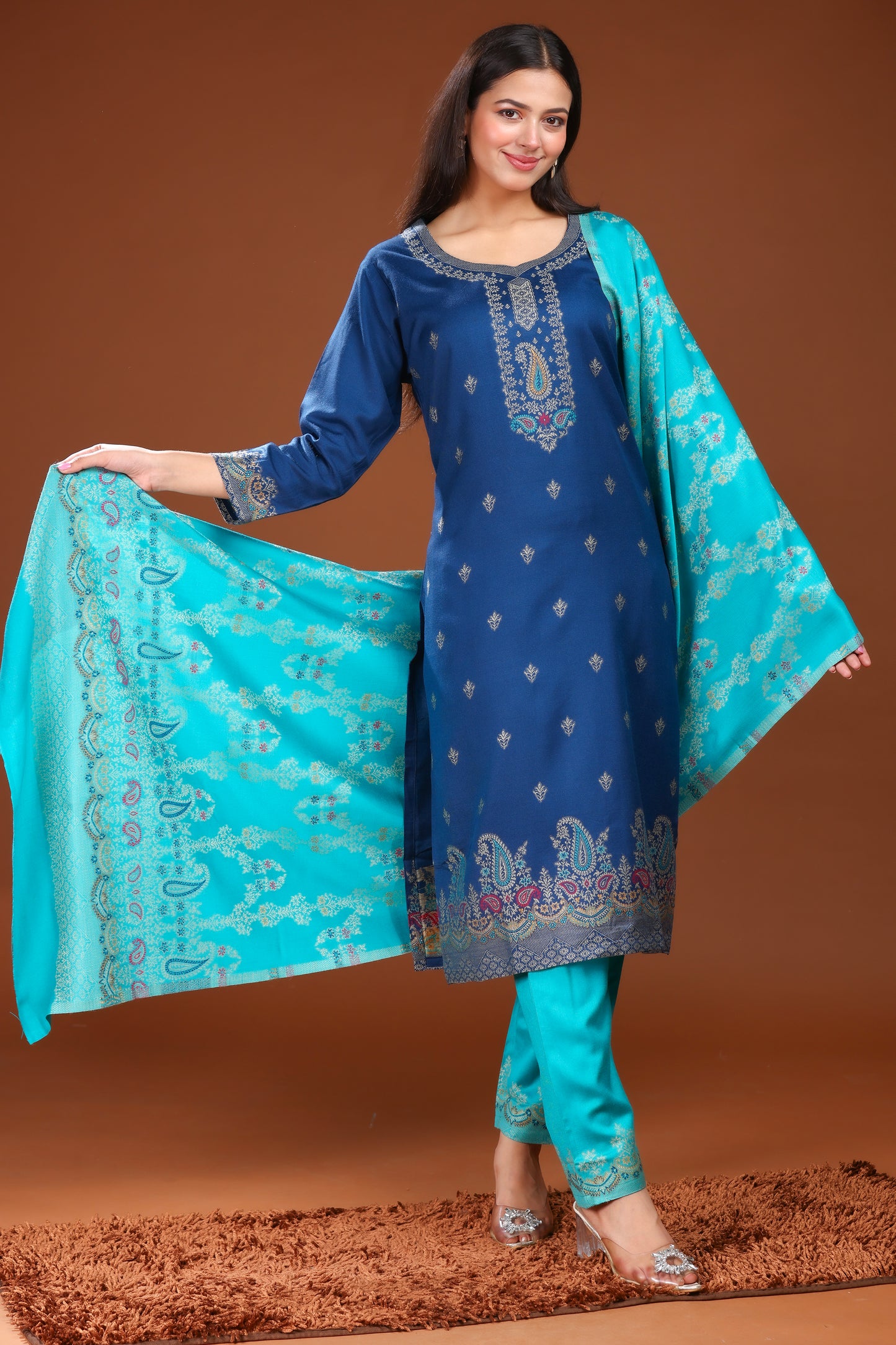 KRITI Woolen Unstitched Winter Suit Set Weaving Design Blue Color For Women