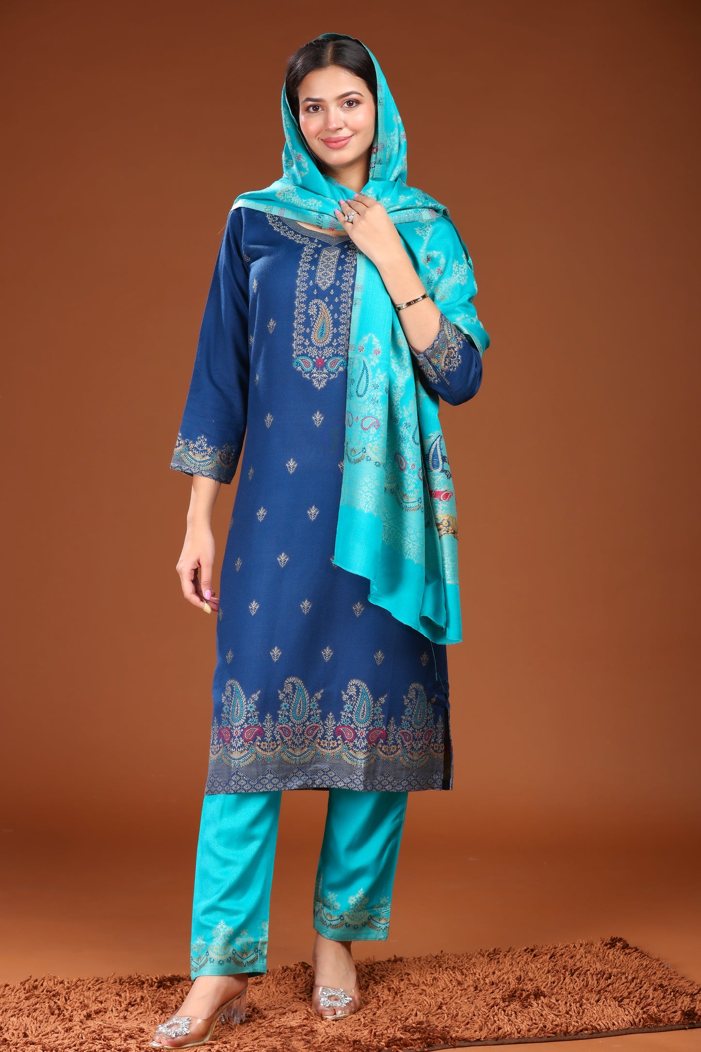 KRITI Woolen Unstitched Winter Suit Set Weaving Design Blue Color For Women