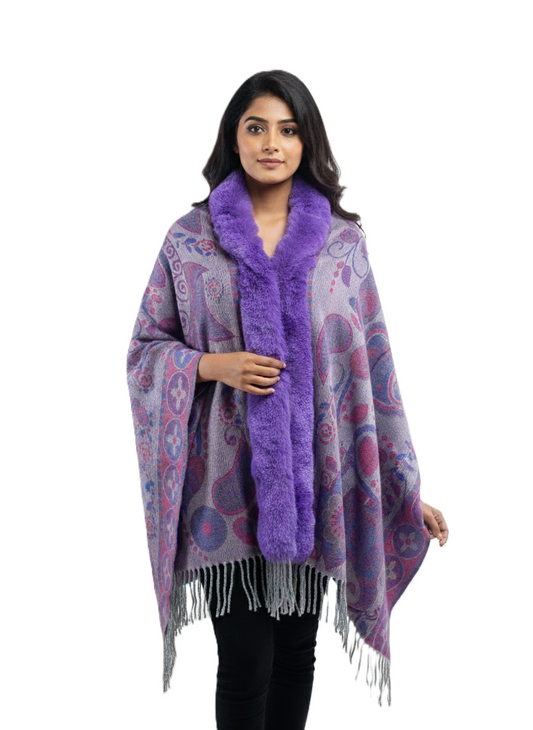 महिलाओं के लिए शानदार पैस्ले प्रिंटेड पोंचो केप, फॉक्स फर ट्रिम के साथ | गर्म बहुरंगी ऊनी मिश्रण आउटरवियर