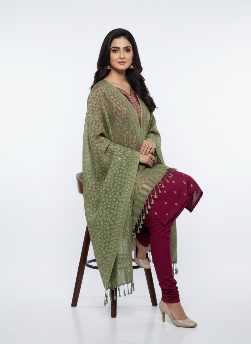 कृति फ्लोरल डिज़ाइन ऊनी हरे रंग का स्टोल महिलाओं के लिए विंटरवियर 