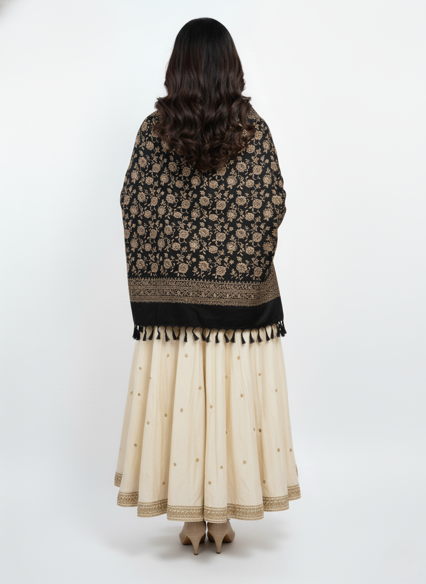 KRITI Floral Design Woolen Black Color Stole For Women Winterwear