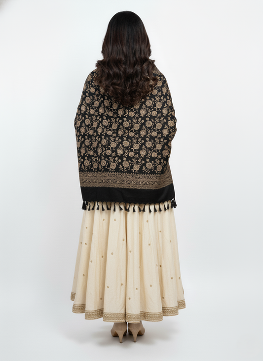 KRITI Floral Design Woolen Black Color Stole For Women Winterwear