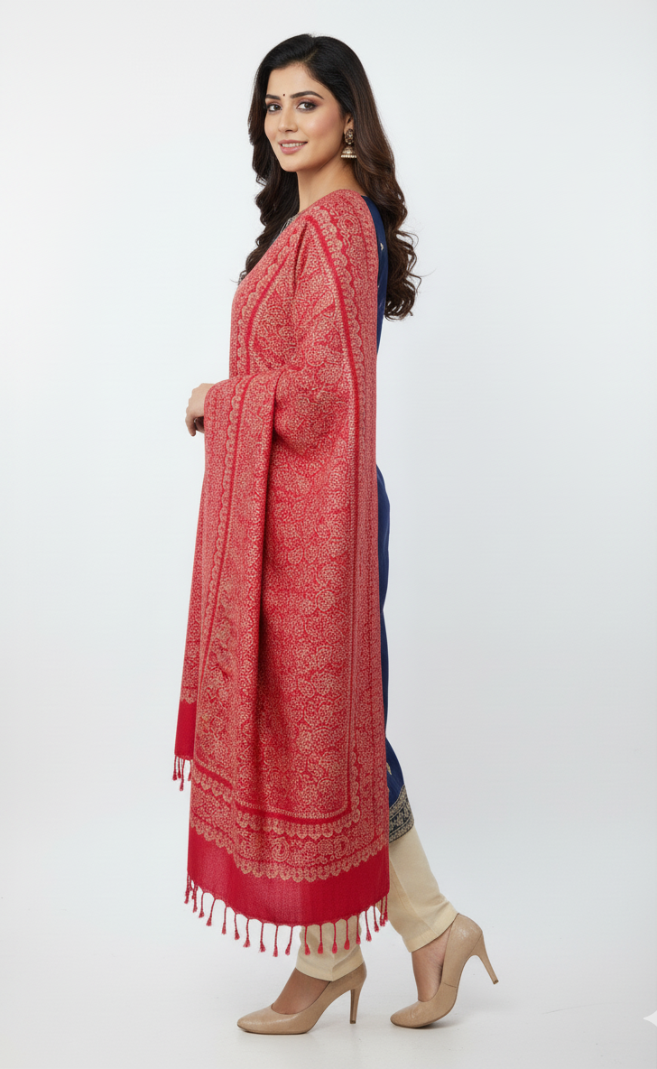 कृति फ्लोरल डिज़ाइन ऊनी लाल रंग का स्टोल महिलाओं के लिए विंटरवियर 