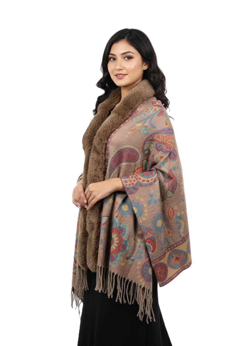 महिलाओं के लिए शानदार पैस्ले प्रिंटेड पोंचो केप, फॉक्स फर ट्रिम के साथ | गर्म बहुरंगी ऊनी मिश्रण आउटरवियर