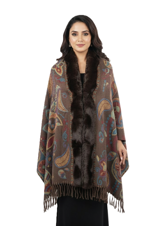 महिलाओं के लिए शानदार पैस्ले प्रिंटेड पोंचो केप, फॉक्स फर ट्रिम के साथ | गर्म बहुरंगी ऊनी मिश्रण आउटरवियर