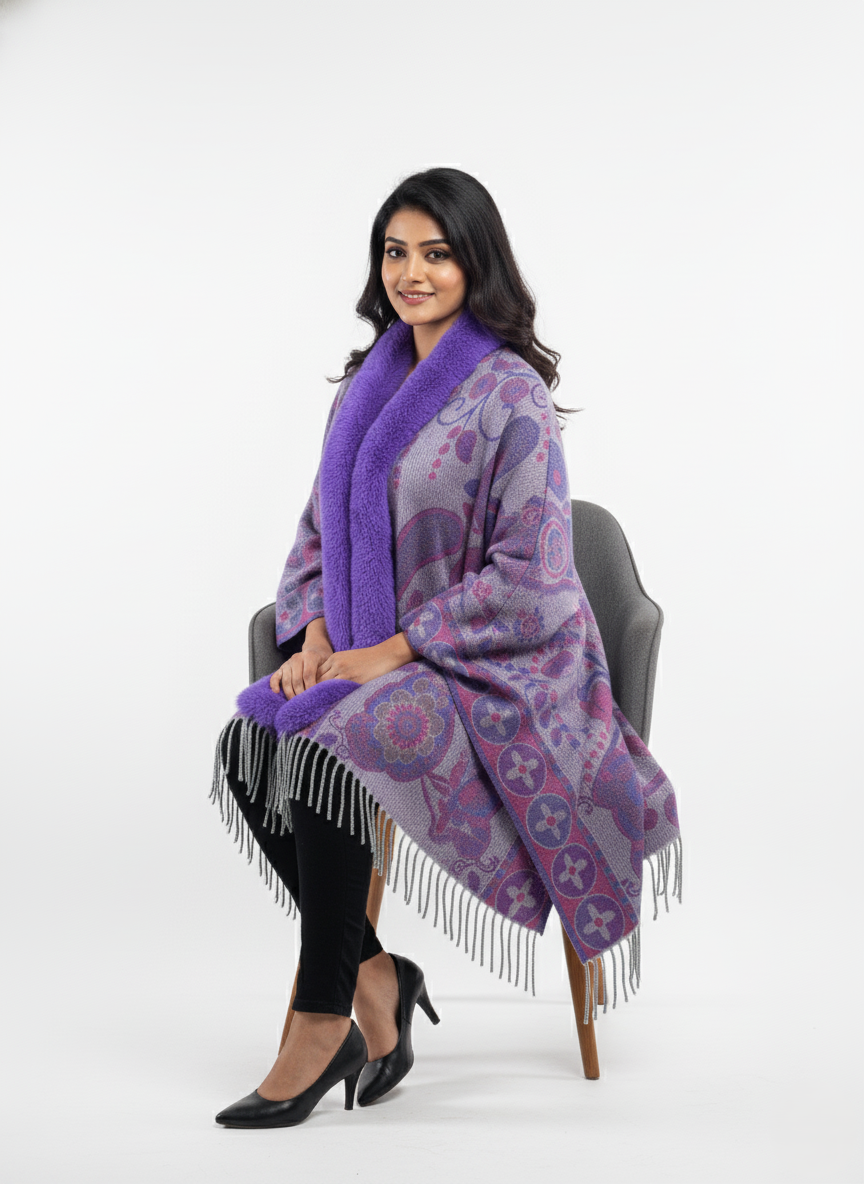 महिलाओं के लिए शानदार पैस्ले प्रिंटेड पोंचो केप, फॉक्स फर ट्रिम के साथ | गर्म बहुरंगी ऊनी मिश्रण आउटरवियर