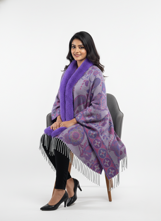 महिलाओं के लिए शानदार पैस्ले प्रिंटेड पोंचो केप, फॉक्स फर ट्रिम के साथ | गर्म बहुरंगी ऊनी मिश्रण आउटरवियर