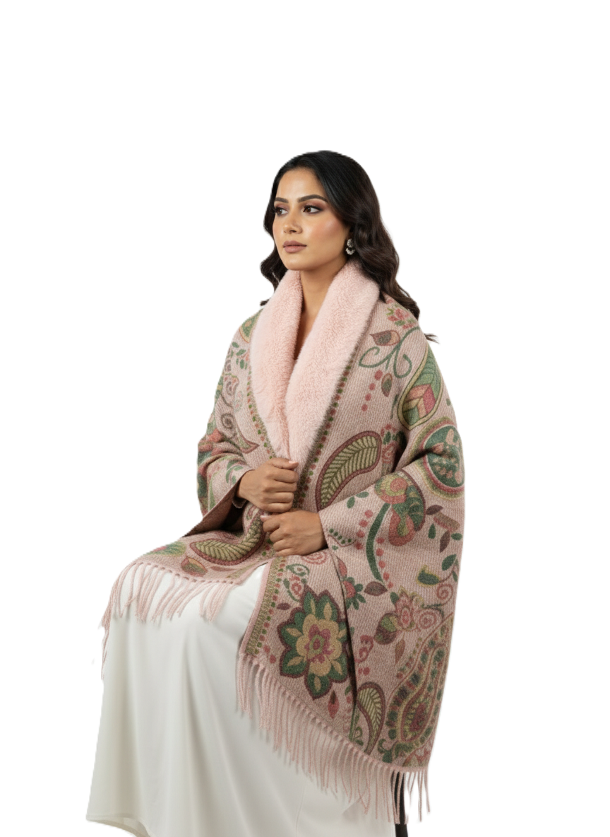 महिलाओं के लिए शानदार पैस्ले प्रिंटेड पोंचो केप, फॉक्स फर ट्रिम के साथ | गर्म बहुरंगी ऊनी मिश्रण आउटरवियर