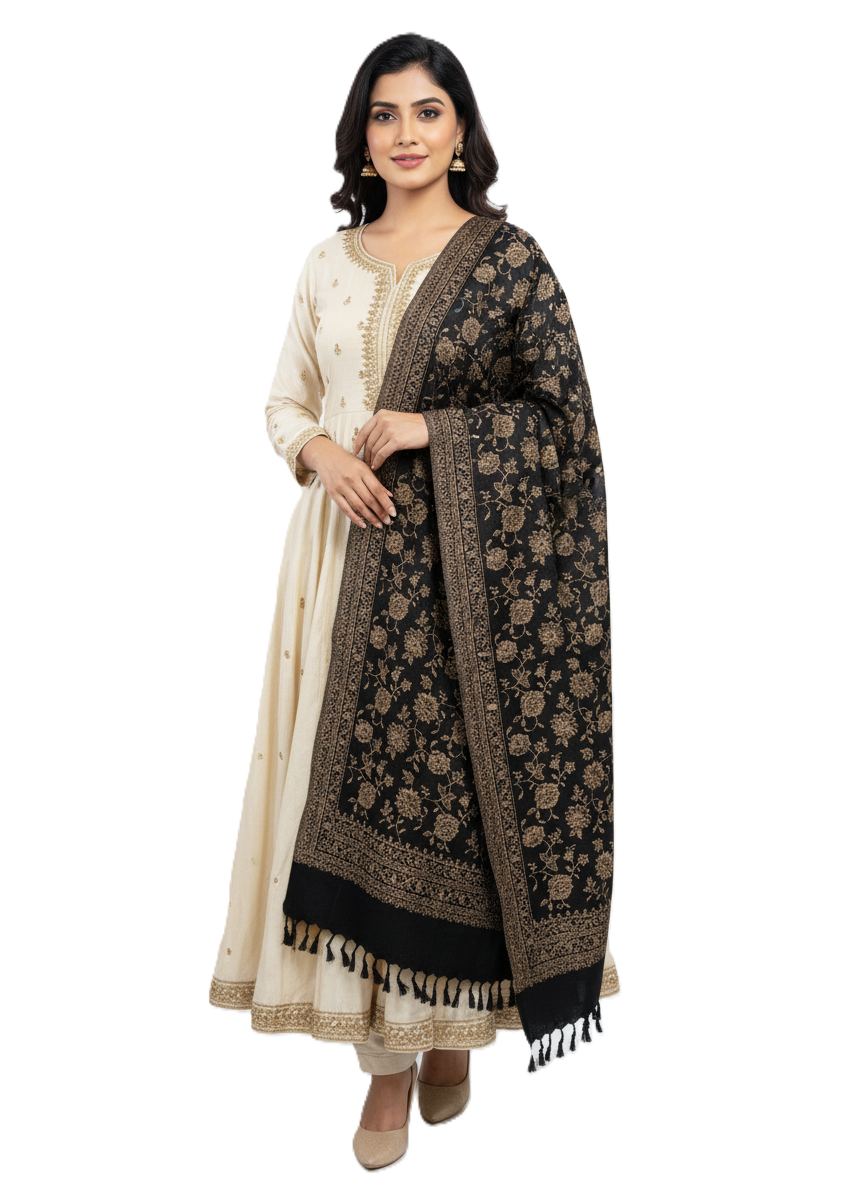 KRITI Floral Design Woolen Black Color Stole For Women Winterwear