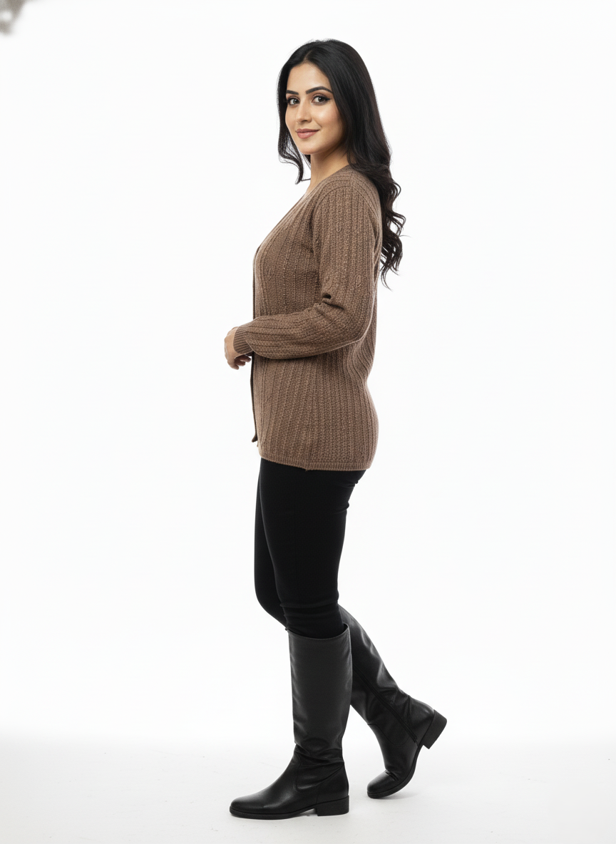 KRITI Winter Stylish Rainbow Cardigan Coffee Color For Women