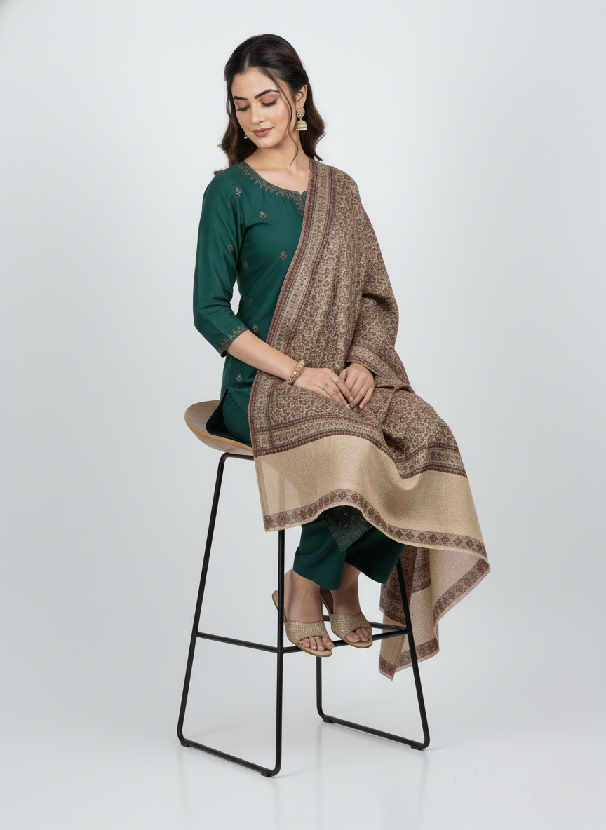 KRITI Paisley Pattern Woolen Shawl Coffee Color For Women