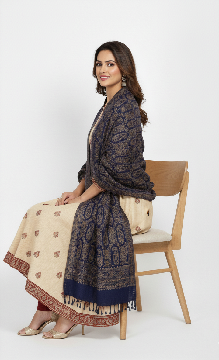 कृति पैस्ले डिज़ाइन ऊनी नेवी कलर स्टोल महिलाओं के लिए विंटरवियर 