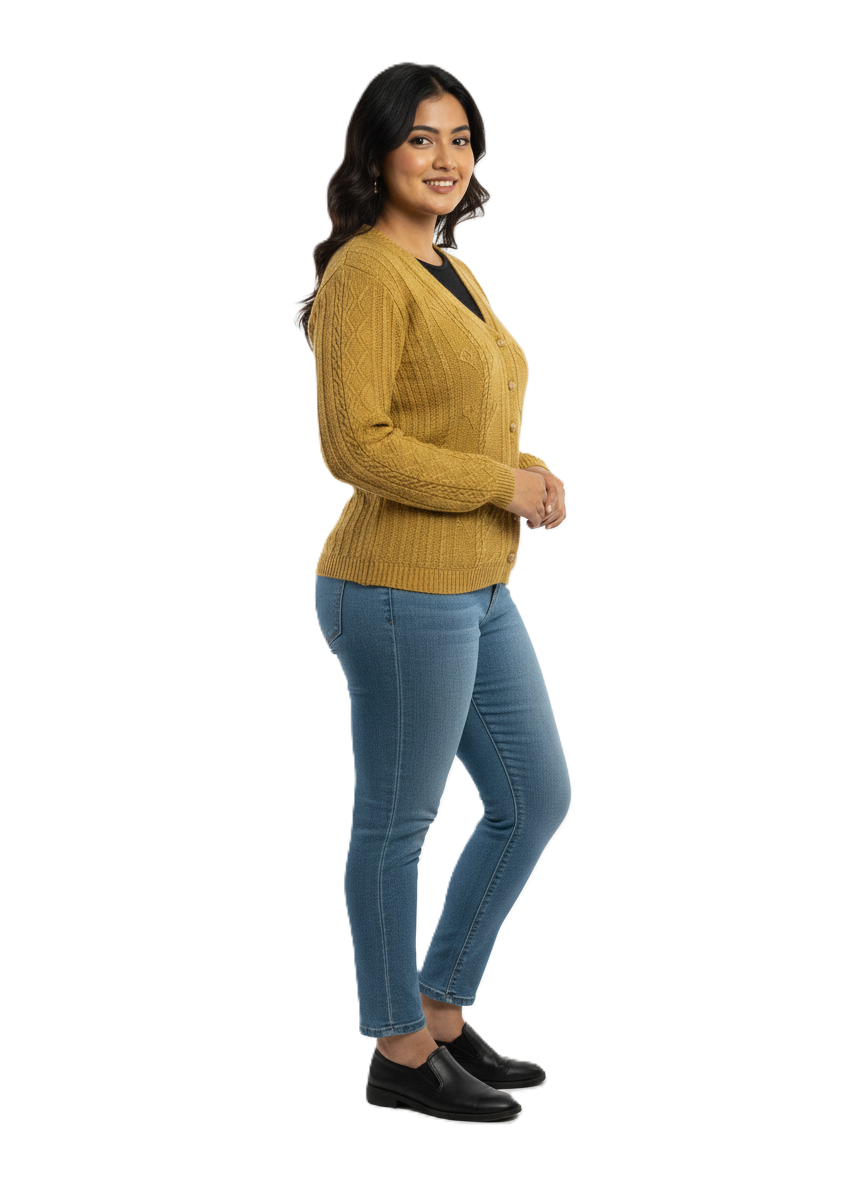 KRITI Winter Rainbow Cardigan Mustard Color For Women