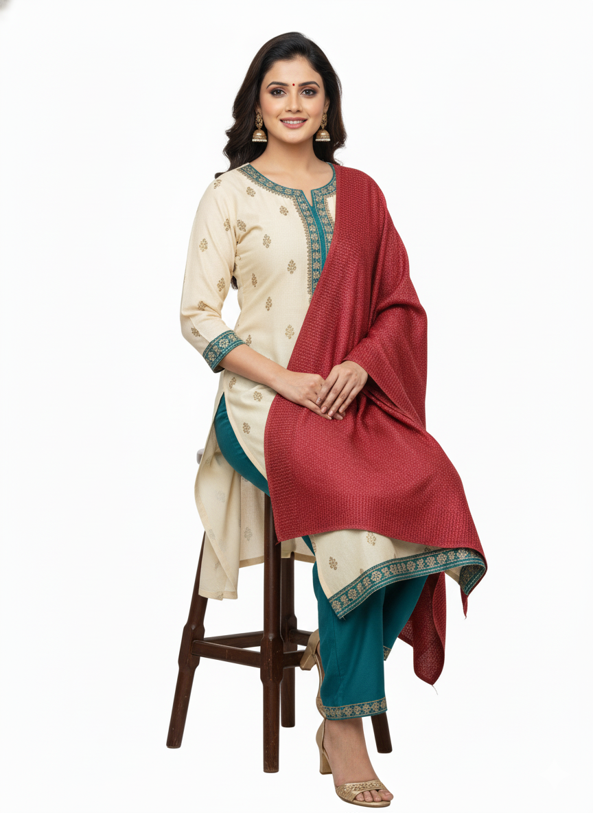 महिलाओं के लिए कृति ऊनी लाल रंग की ज़री स्टोल विंटरवियर 