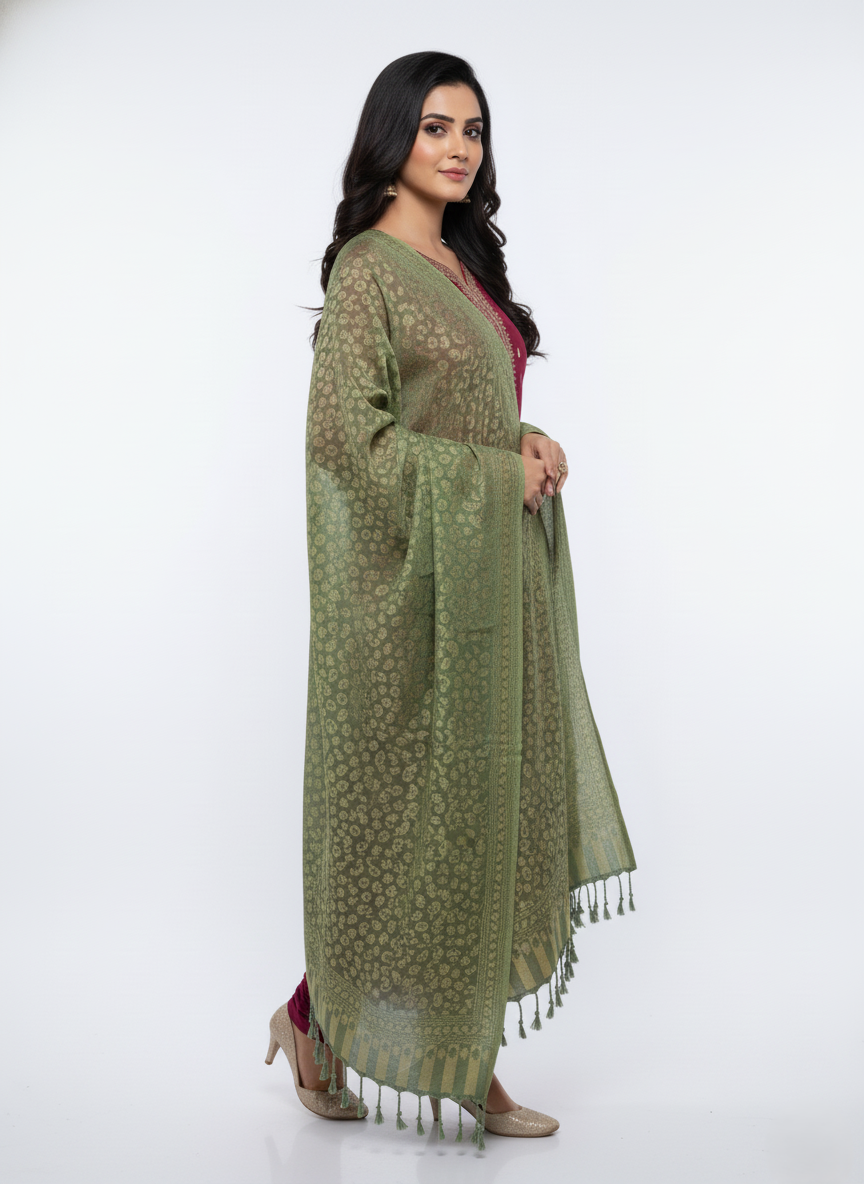 कृति फ्लोरल डिज़ाइन ऊनी हरे रंग का स्टोल महिलाओं के लिए विंटरवियर 