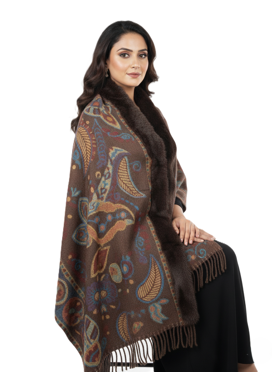 महिलाओं के लिए शानदार पैस्ले प्रिंटेड पोंचो केप, फॉक्स फर ट्रिम के साथ | गर्म बहुरंगी ऊनी मिश्रण आउटरवियर