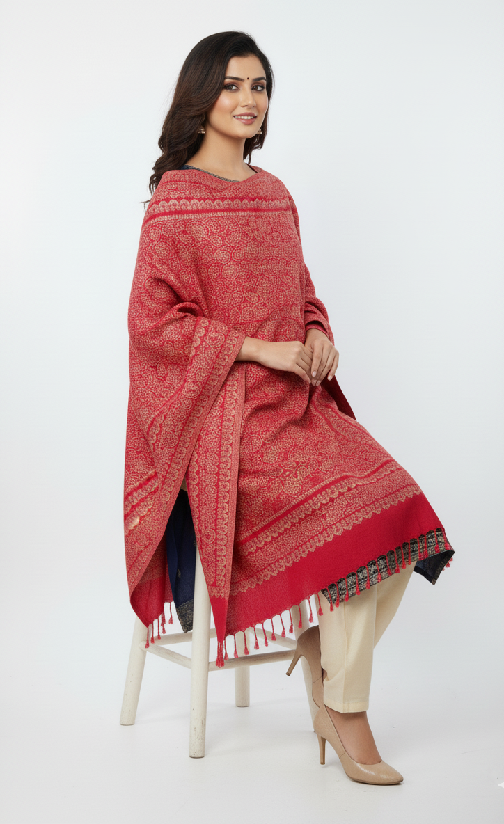 कृति फ्लोरल डिज़ाइन ऊनी लाल रंग का स्टोल महिलाओं के लिए विंटरवियर 