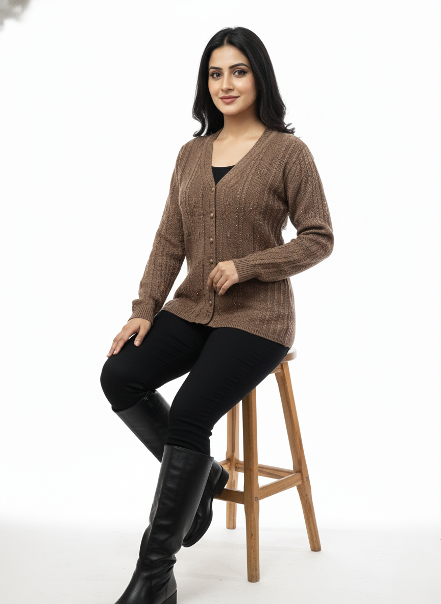 KRITI Winter Stylish Rainbow Cardigan Coffee Color For Women