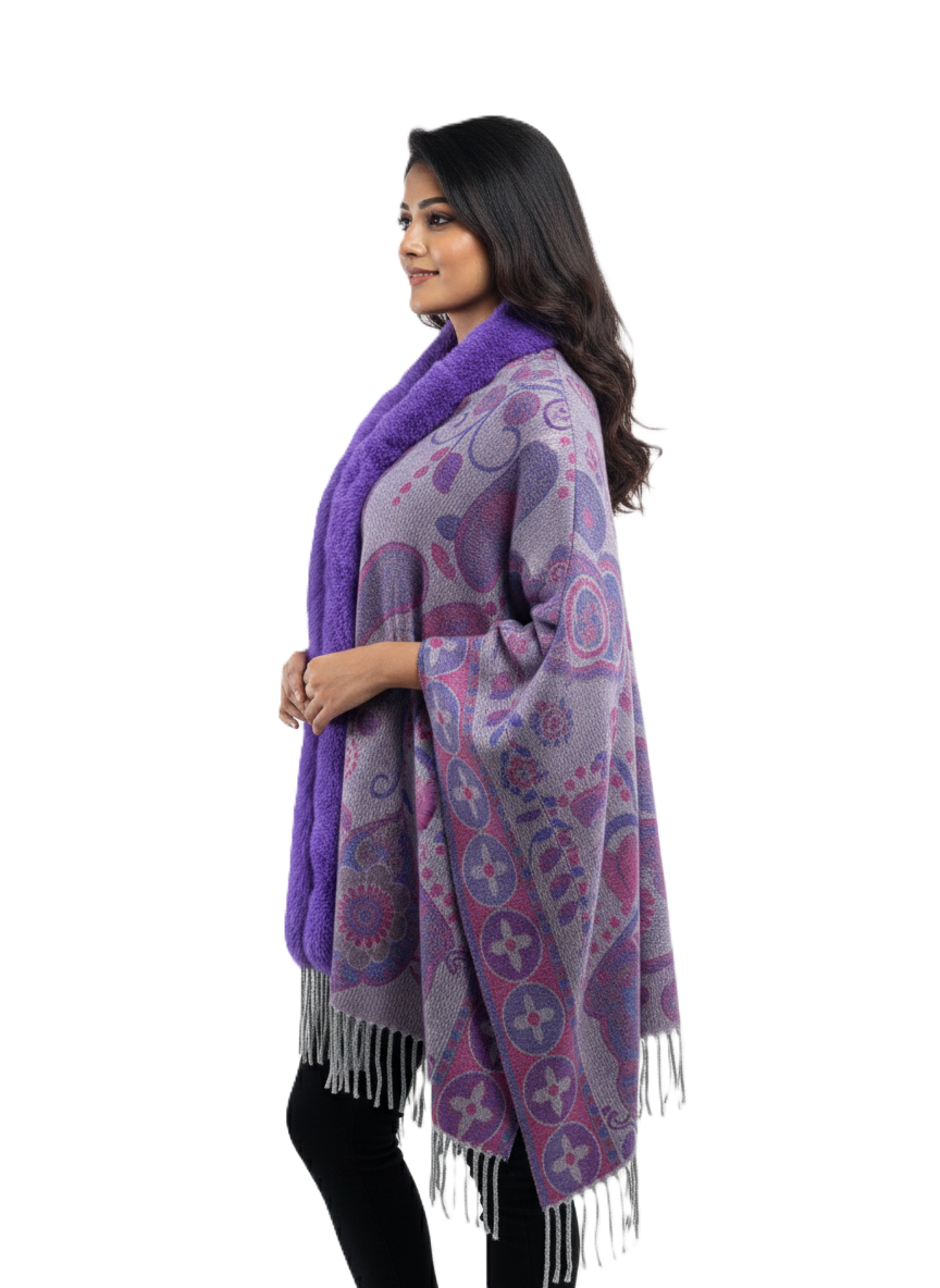 महिलाओं के लिए शानदार पैस्ले प्रिंटेड पोंचो केप, फॉक्स फर ट्रिम के साथ | गर्म बहुरंगी ऊनी मिश्रण आउटरवियर