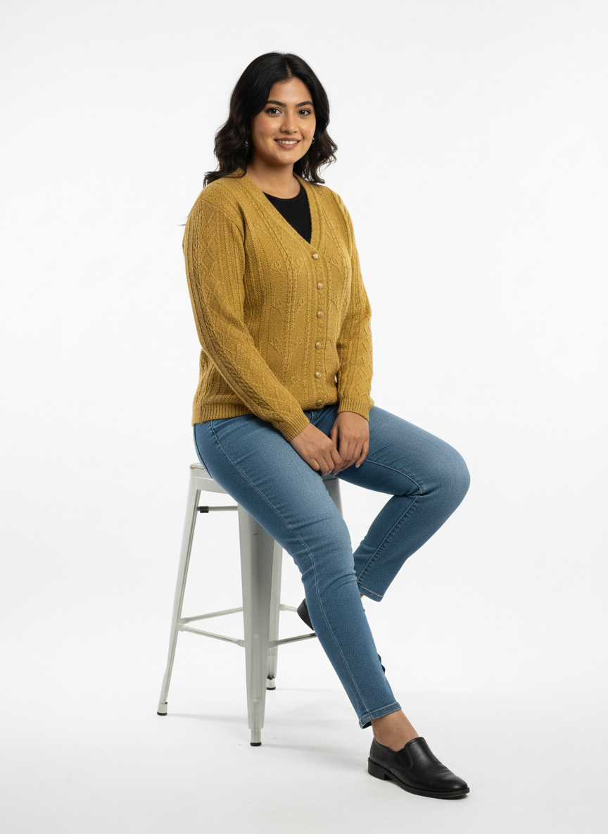 KRITI Winter Rainbow Cardigan Mustard Color For Women