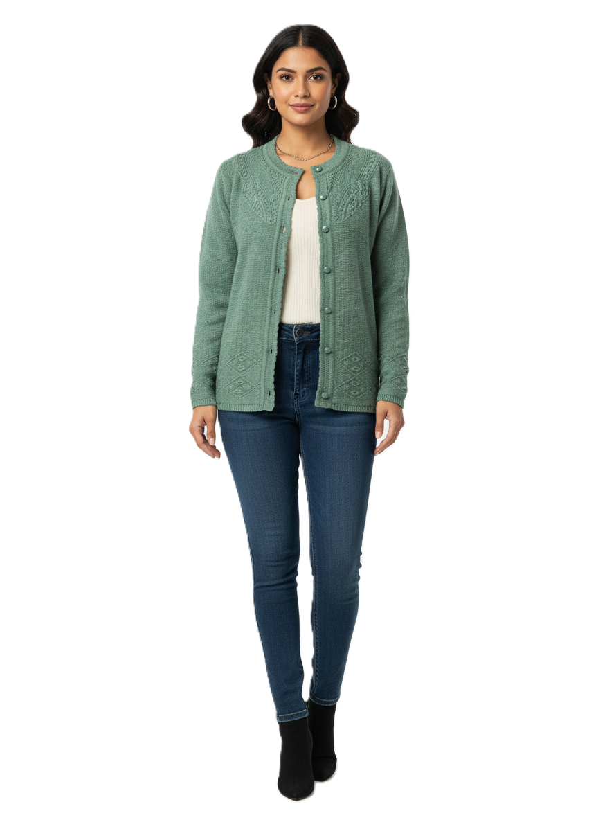 KRITI Winter Rainbow Embroidery Cardigan Green Color For Women