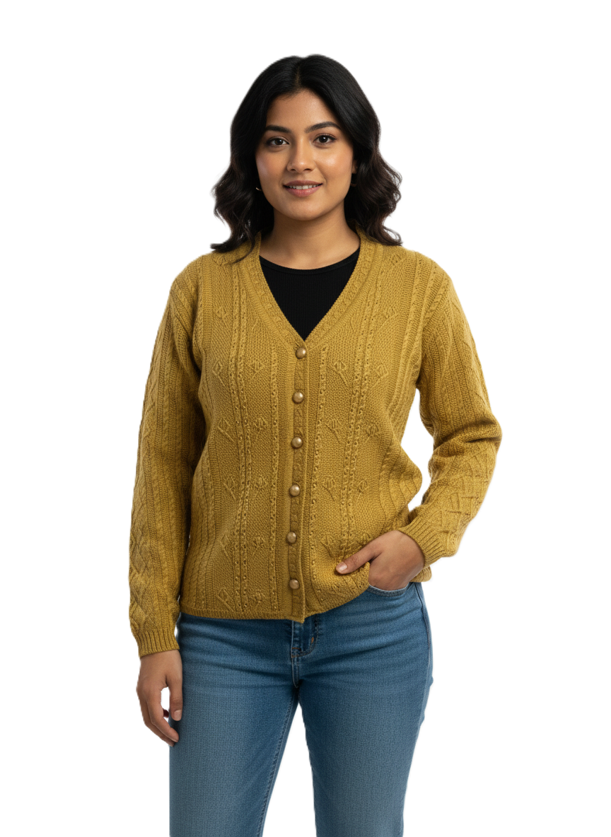 KRITI Winter Rainbow Cardigan Mustard Color For Women