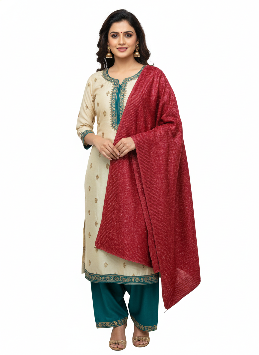 महिलाओं के लिए कृति ऊनी लाल रंग की ज़री स्टोल विंटरवियर 