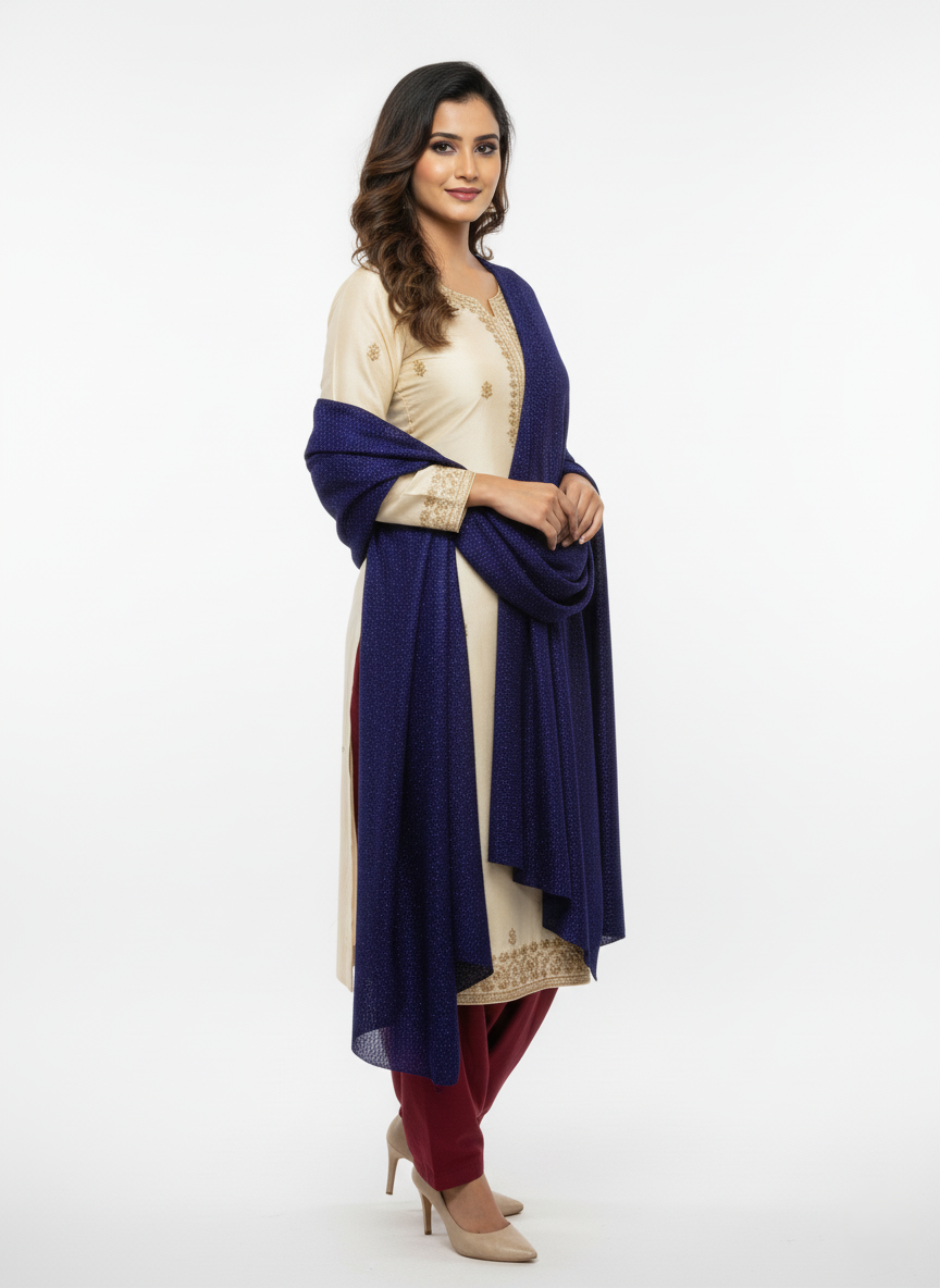 Woolen Zari Stole For Women Winterwear - Navy