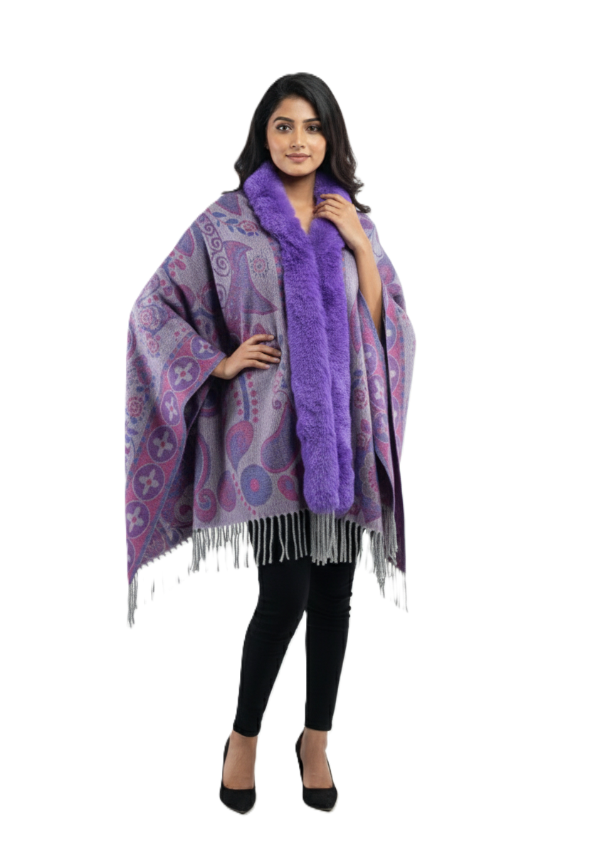 महिलाओं के लिए शानदार पैस्ले प्रिंटेड पोंचो केप, फॉक्स फर ट्रिम के साथ | गर्म बहुरंगी ऊनी मिश्रण आउटरवियर