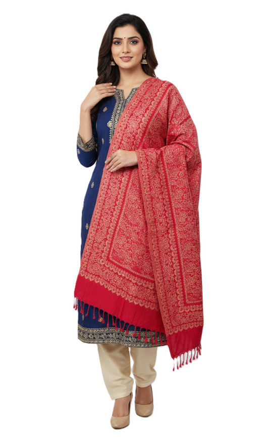 KRITI Floral Design Woolen Red Color Stole For Women Winterwear