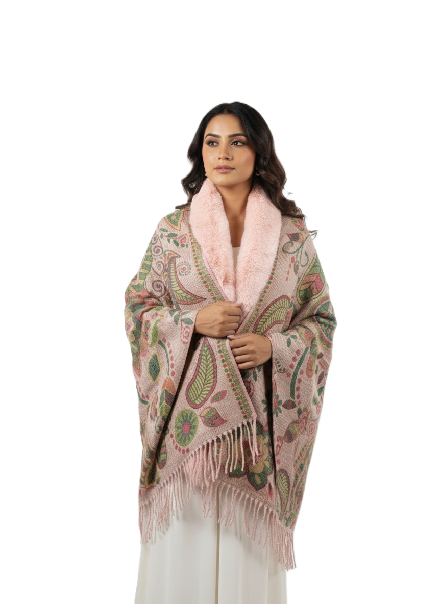 महिलाओं के लिए शानदार पैस्ले प्रिंटेड पोंचो केप, फॉक्स फर ट्रिम के साथ | गर्म बहुरंगी ऊनी मिश्रण आउटरवियर