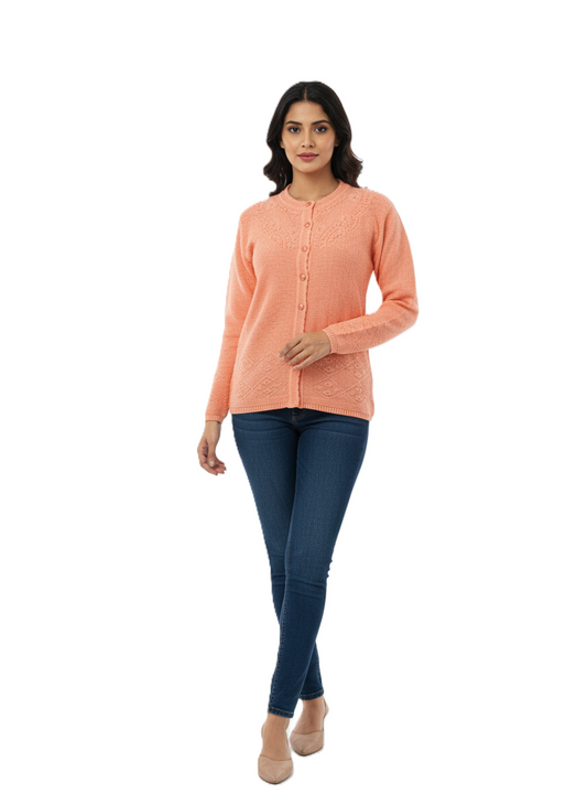 KRITI Winter Rainbow Embroidery Cardigan Peach Color For Women