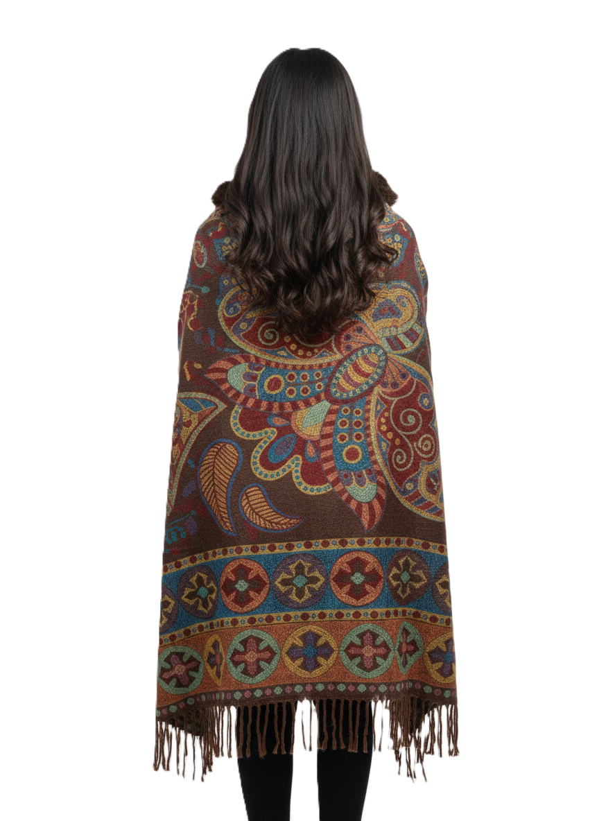 महिलाओं के लिए शानदार पैस्ले प्रिंटेड पोंचो केप, फॉक्स फर ट्रिम के साथ | गर्म बहुरंगी ऊनी मिश्रण आउटरवियर