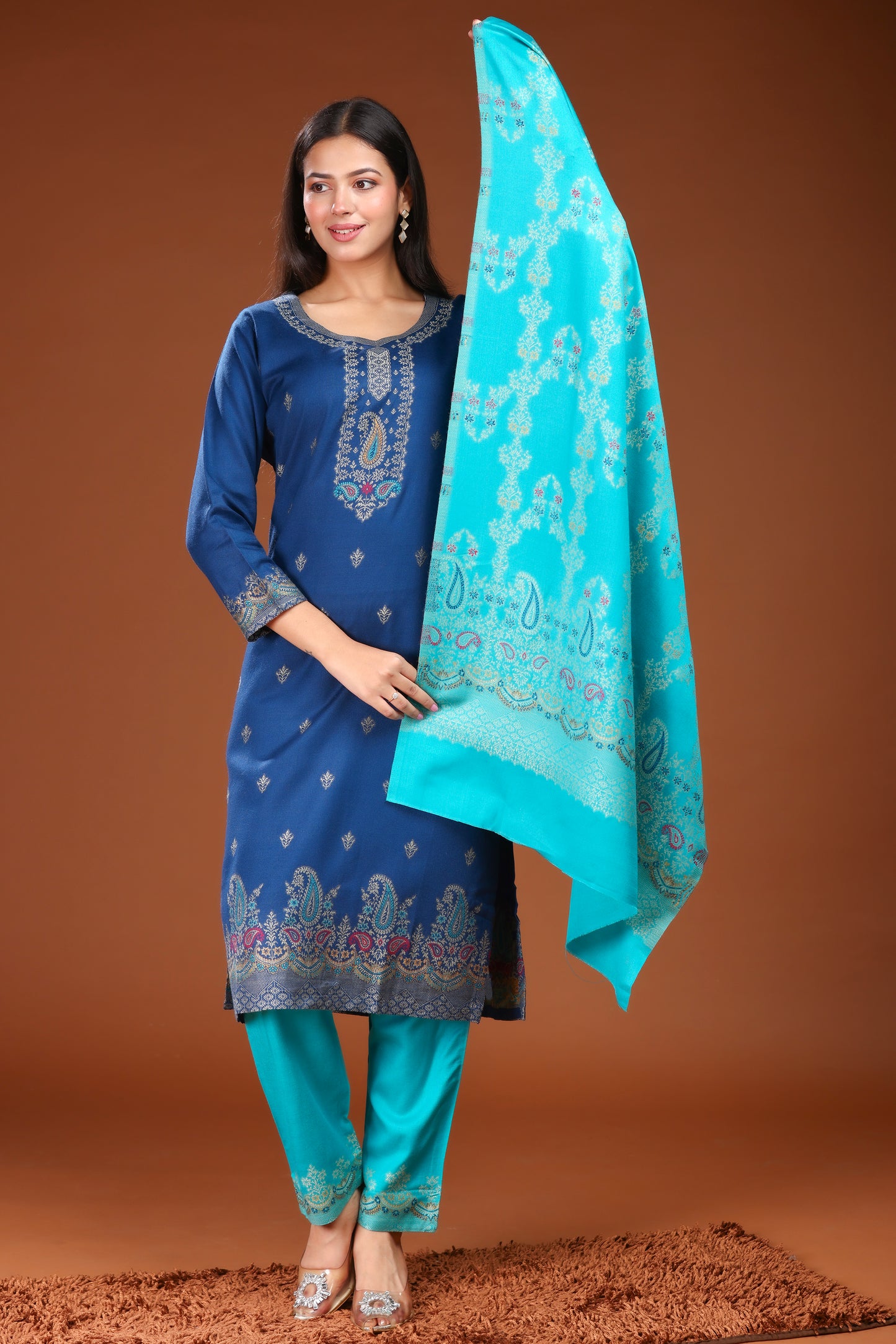 KRITI Woolen Unstitched Winter Suit Set Weaving Design Blue Color For Women