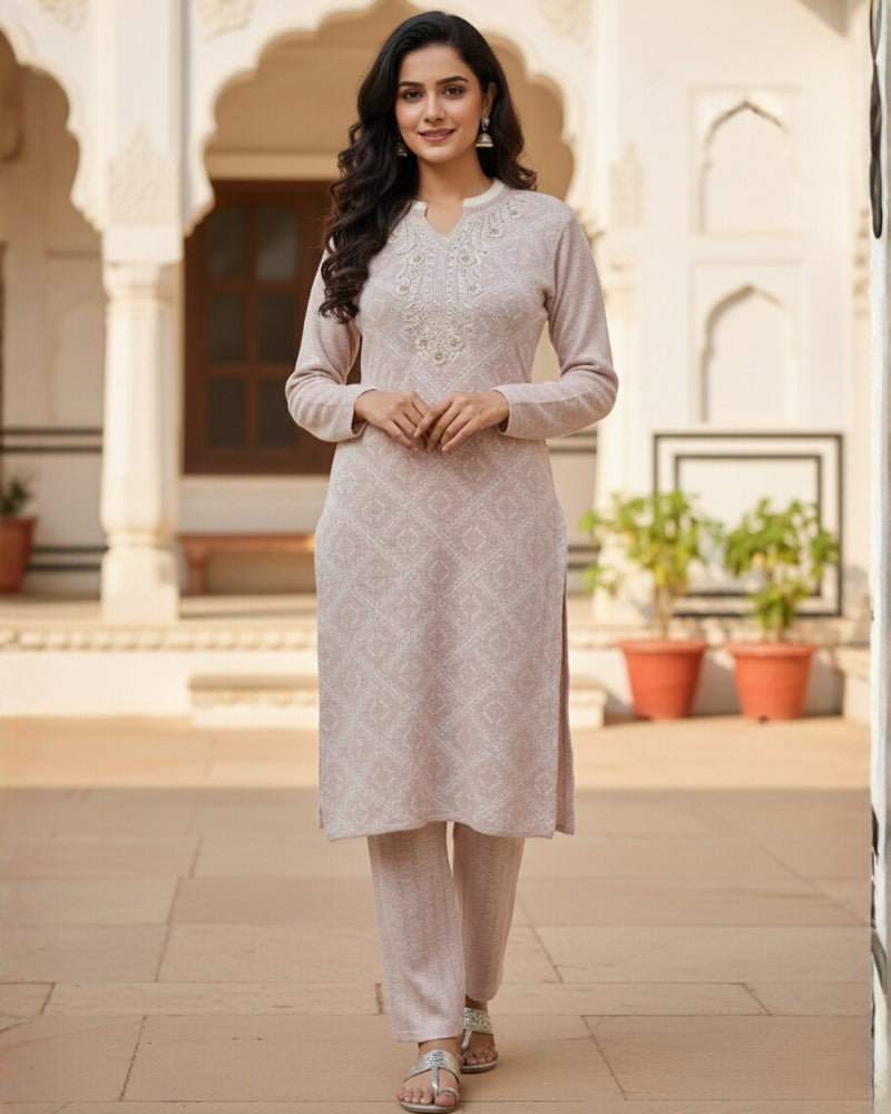 KRITI Women’s Woollen 3-Piece Embroidered  Kurti Set with Bottom & Stole – Premium Winterwear | Soft Knitted Kurti, Bottom & Stole Suit Set Pale Pink Color | M-XXL Size