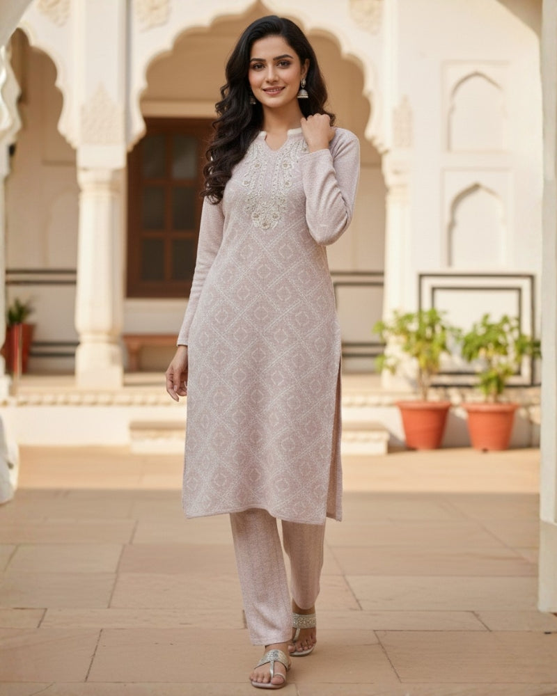 KRITI Women’s Woollen 3-Piece Embroidered  Kurti Set with Bottom & Stole – Premium Winterwear | Soft Knitted Kurti, Bottom & Stole Suit Set Pale Pink Color | M-XXL Size
