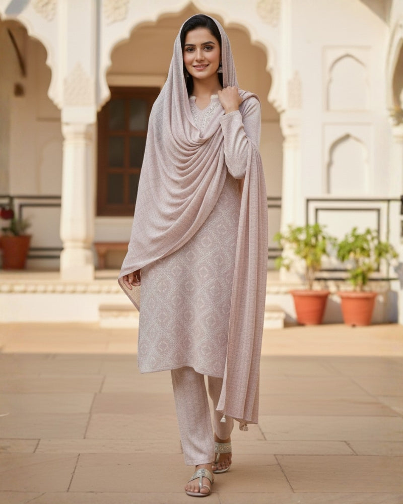 KRITI Women’s Woollen 3-Piece Embroidered  Kurti Set with Bottom & Stole – Premium Winterwear | Soft Knitted Kurti, Bottom & Stole Suit Set Pale Pink Color | M-XXL Size