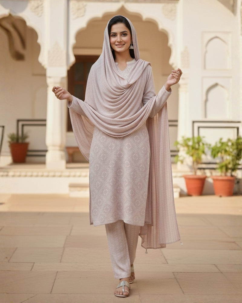 KRITI Women’s Woollen 3-Piece Embroidered  Kurti Set with Bottom & Stole – Premium Winterwear | Soft Knitted Kurti, Bottom & Stole Suit Set Pale Pink Color | M-XXL Size