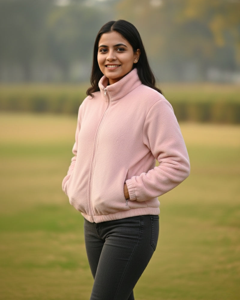 KRITI Women’s Premium Wool Blend Faux Fur Light Pink Color Winter Jacket