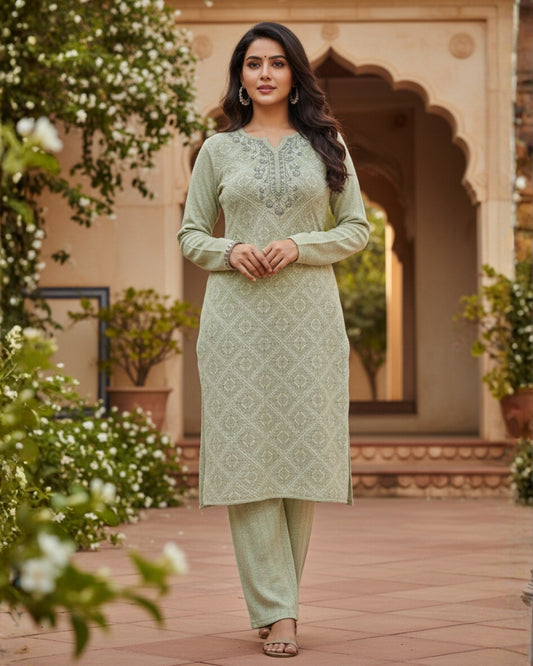 KRITI Women’s Woollen 3-Piece Embroidered Kurti Set with Bottom & Stole – Premium Winterwear | Soft Knitted Kurti, Bottom & Stole Suit Set Pista Color | M-XXL Size