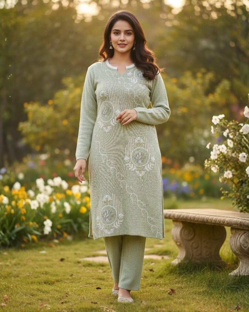 Woollen 3-Piece Embroidered Kurti Set- Pista