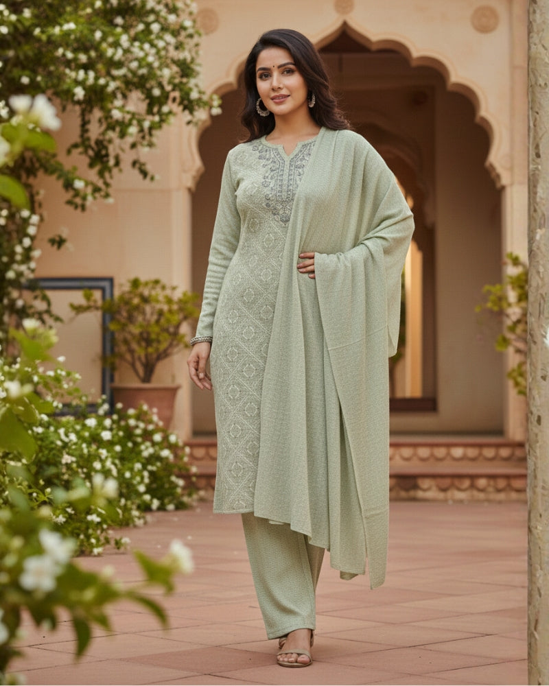 KRITI Women’s Woollen 3-Piece Embroidered Kurti Set with Bottom & Stole – Premium Winterwear | Soft Knitted Kurti, Bottom & Stole Suit Set Pista Color | M-XXL Size