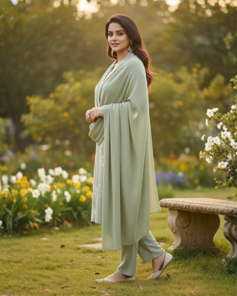 Woollen 3-Piece Embroidered Kurti Set- Pista