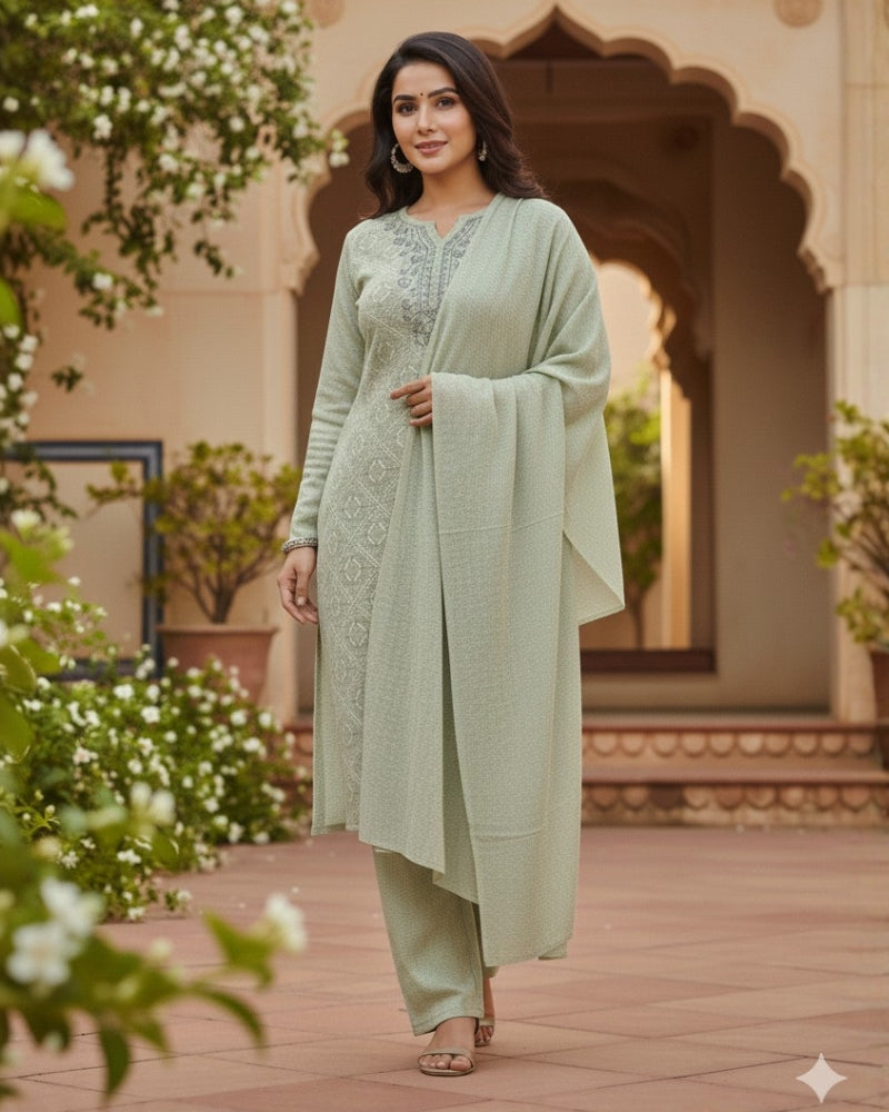 KRITI Women’s Woollen 3-Piece Embroidered Kurti Set with Bottom & Stole – Premium Winterwear | Soft Knitted Kurti, Bottom & Stole Suit Set Pista Color | M-XXL Size