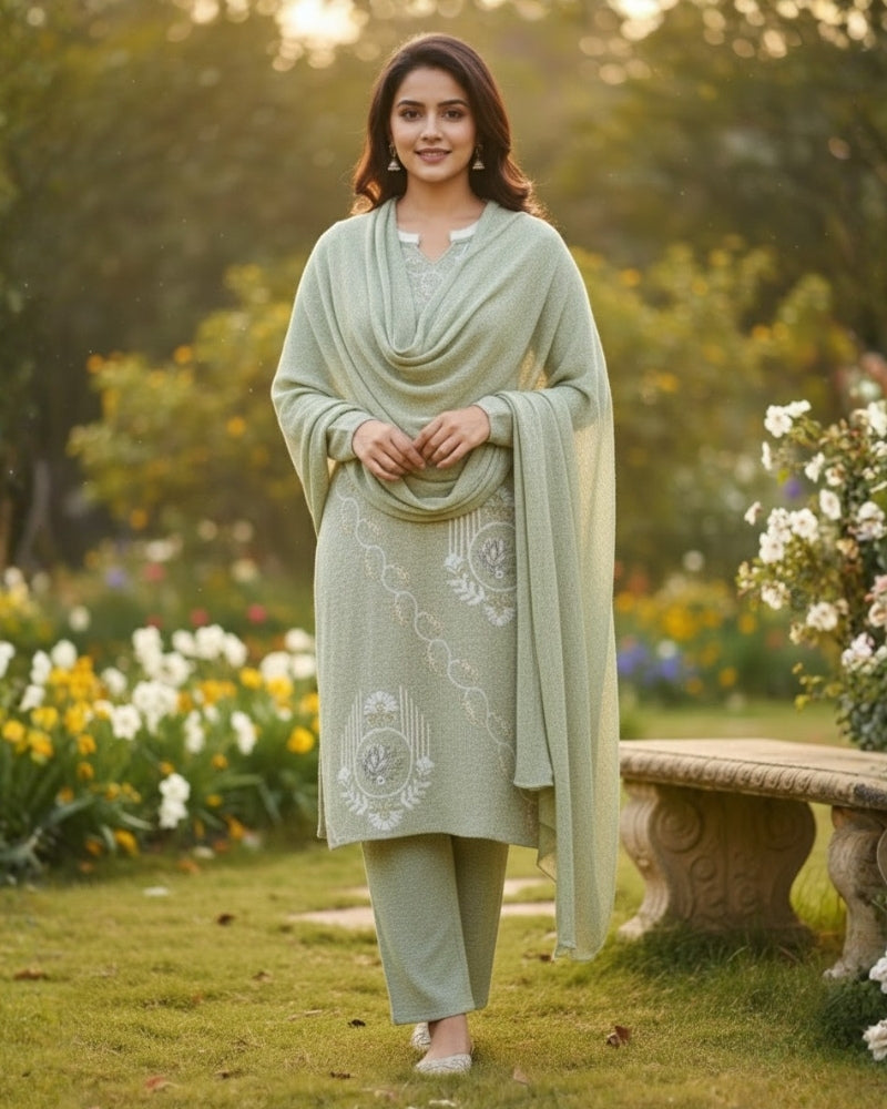 Woollen 3-Piece Embroidered Kurti Set- Pista