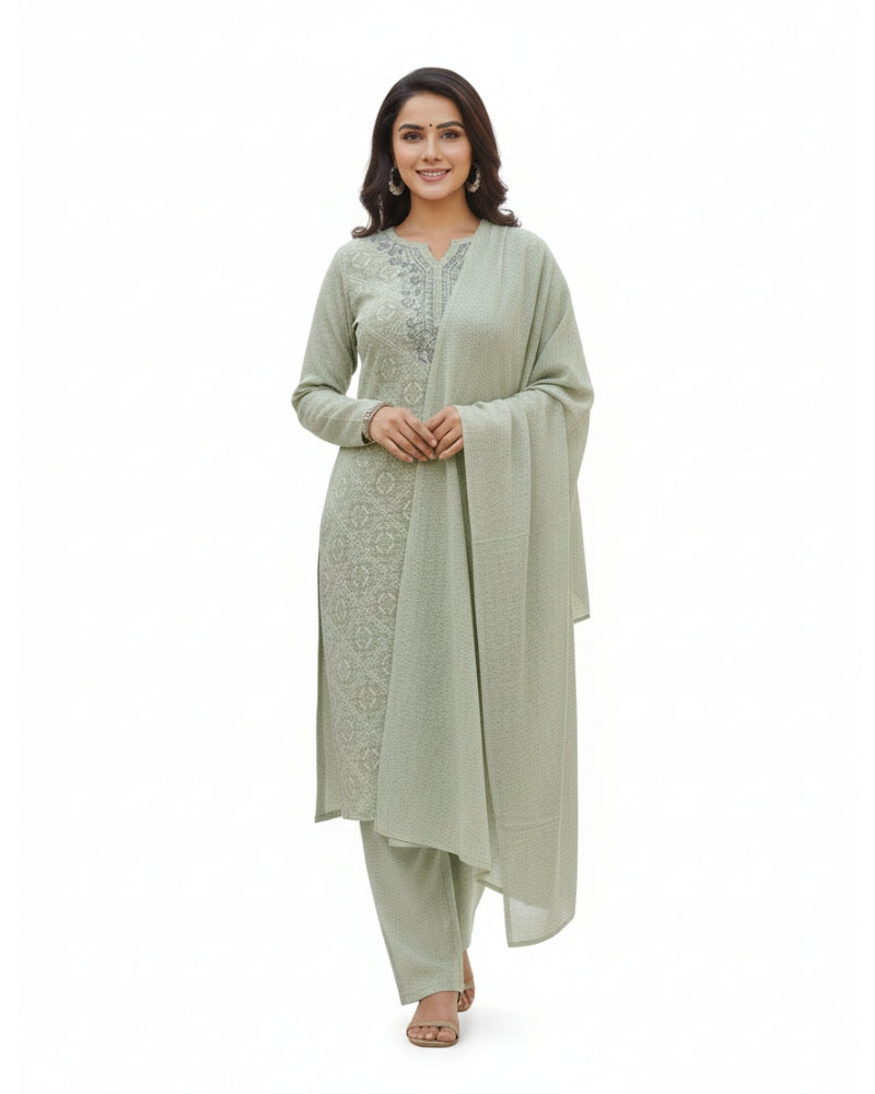 KRITI Women’s Woollen 3-Piece Embroidered Kurti Set with Bottom & Stole – Premium Winterwear | Soft Knitted Kurti, Bottom & Stole Suit Set Pista Color | M-XXL Size