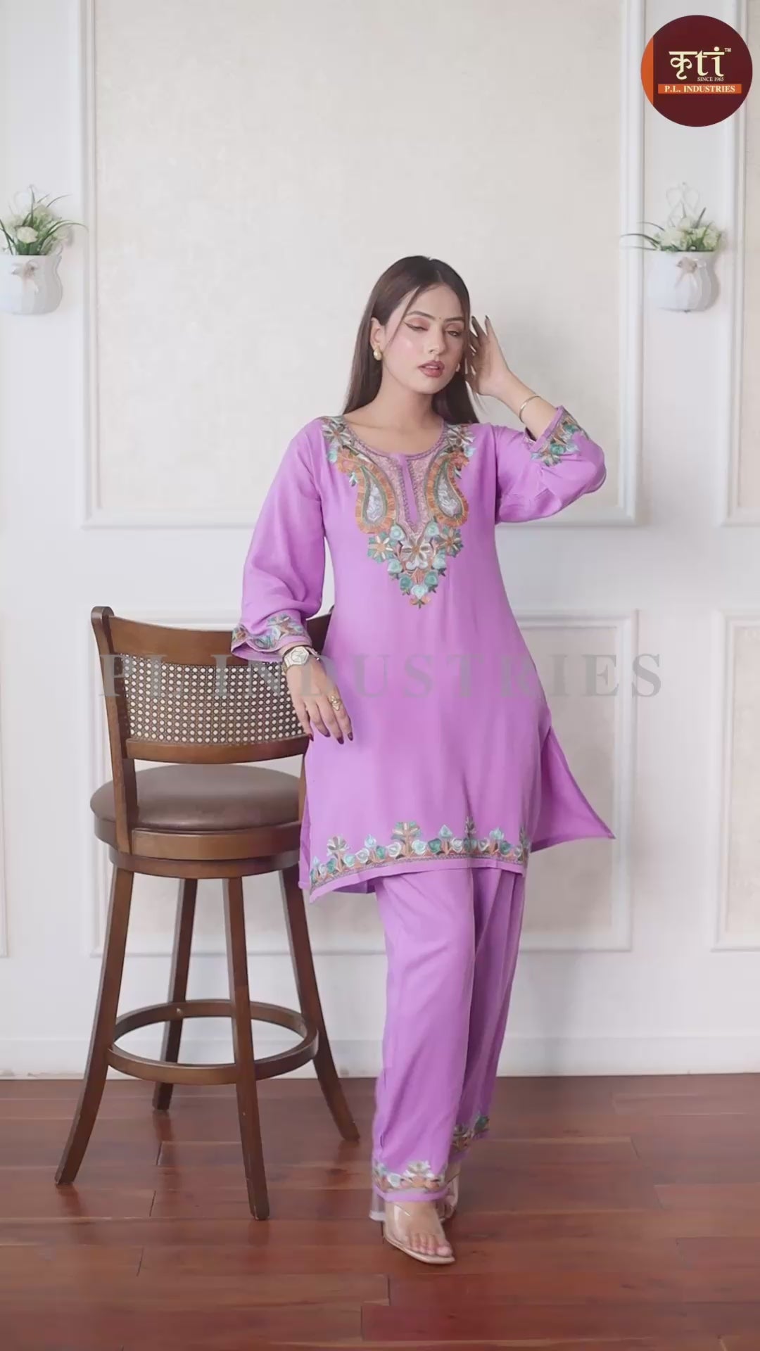 Lavender Kashmiri Embroidered Rayon Cotton Co-Ord Set